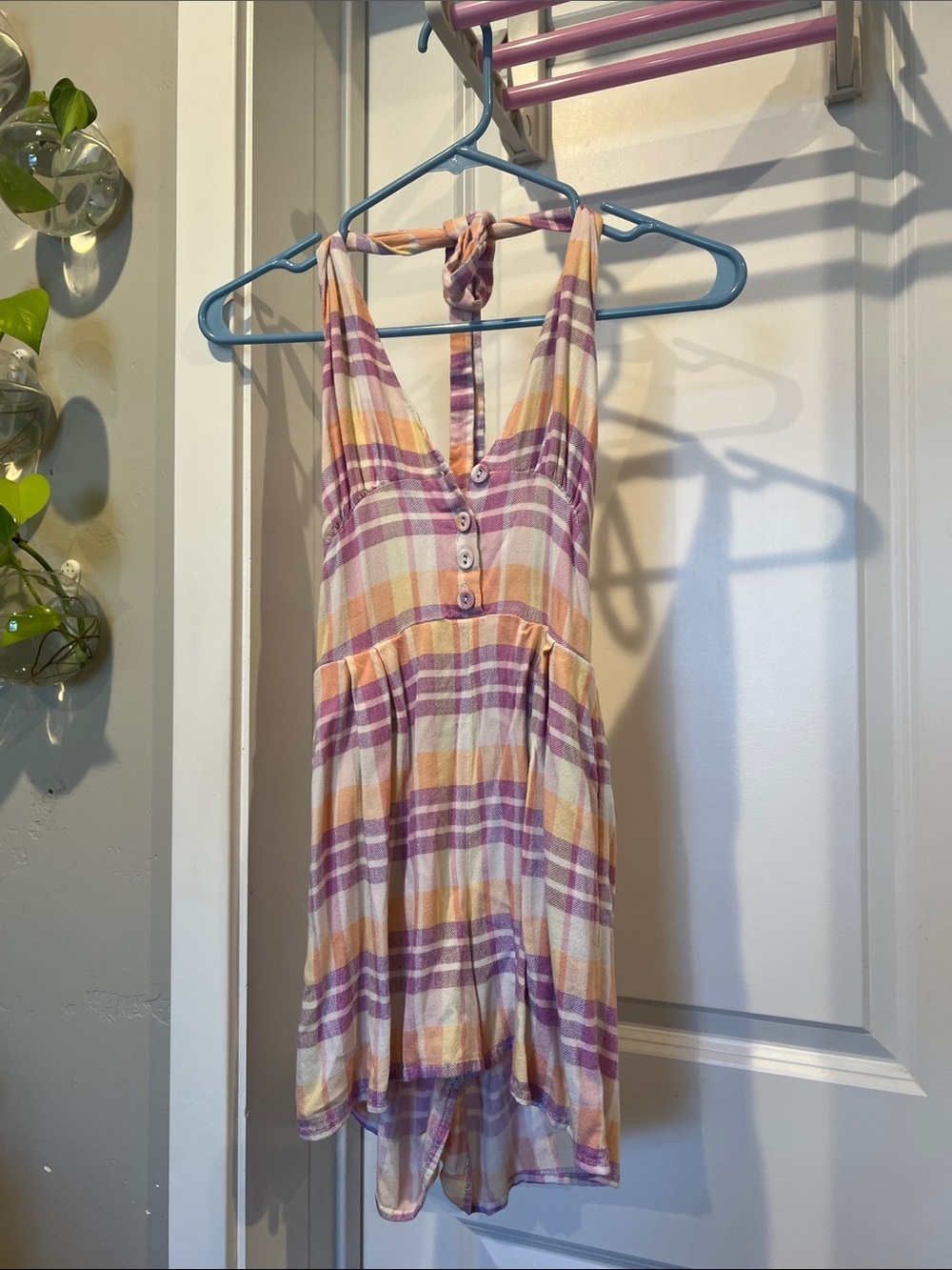 Urban Outfitters Plaid Tie-Back Mini Romper in Purple & Cream with Peach Accents
